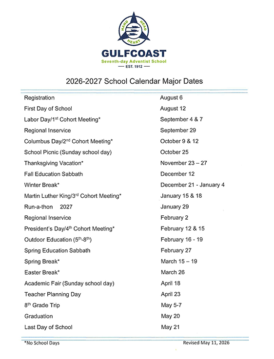Gulfcoast Seventh-day Adventist School calendar page of major dates for 2026-2027, listing events and dates (Registration Aug 6, First Day Aug 12, Labor Day Sept 4 & 7, etc.).
